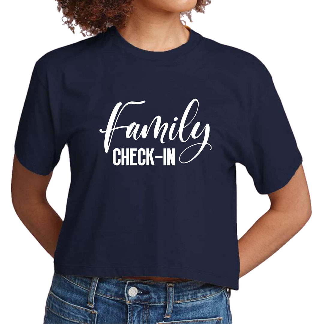 Womens Cropped Graphic T-shirt Family Check-in Illustration - Womens | T-Shirts