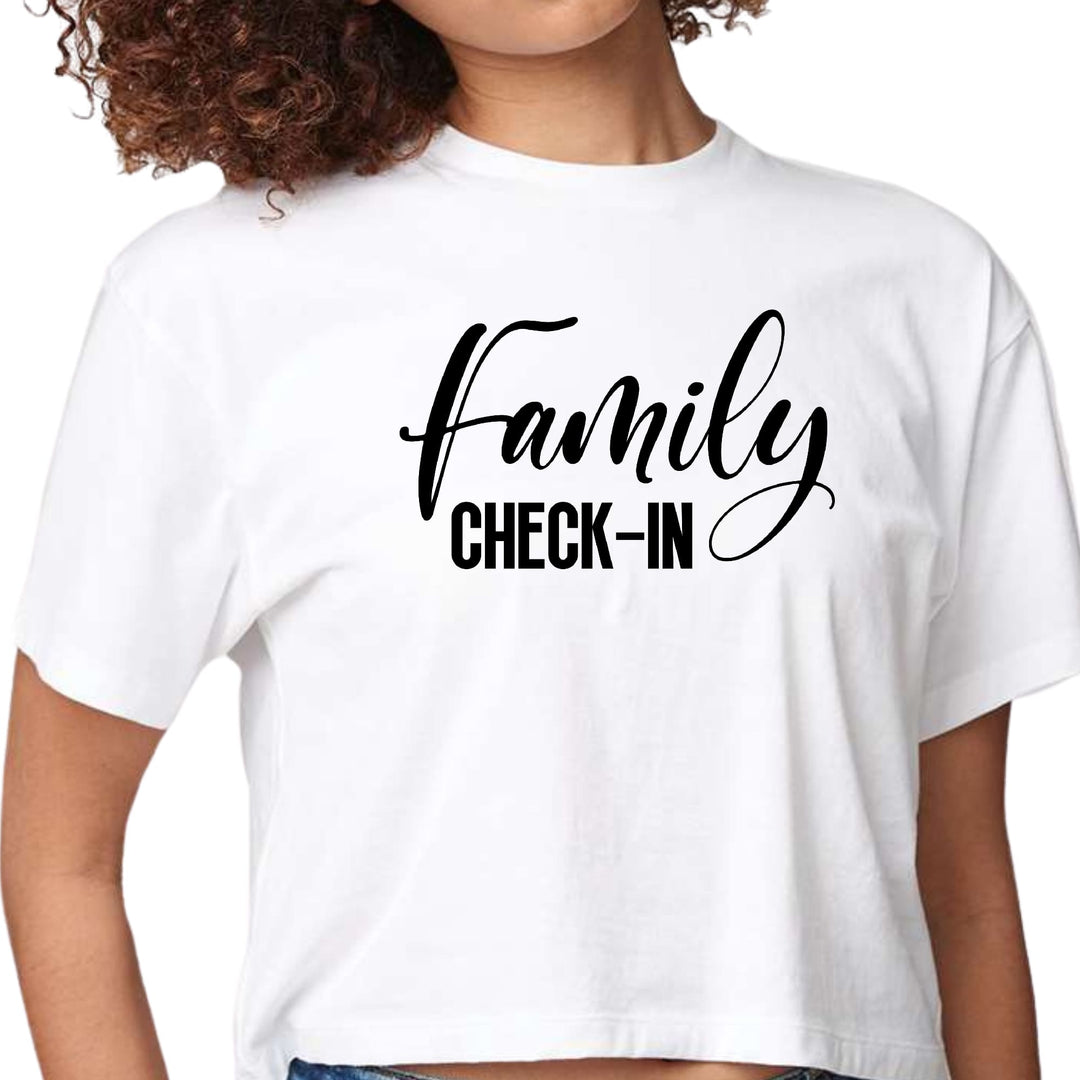 Womens Cropped Graphic T-shirt Family Check-in Illustration - Womens | T-Shirts