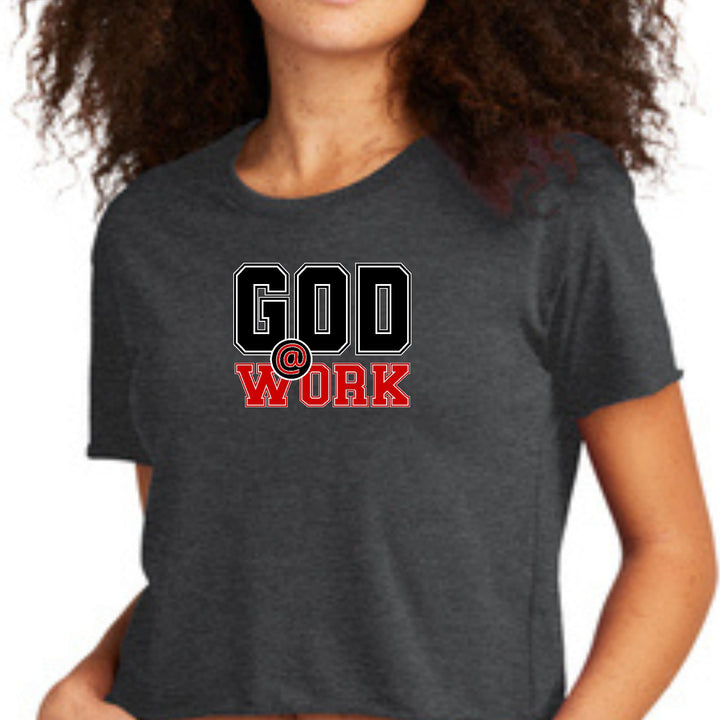 Womens Cropped Graphic T-shirt God @ Work Black and Red Print - Womens