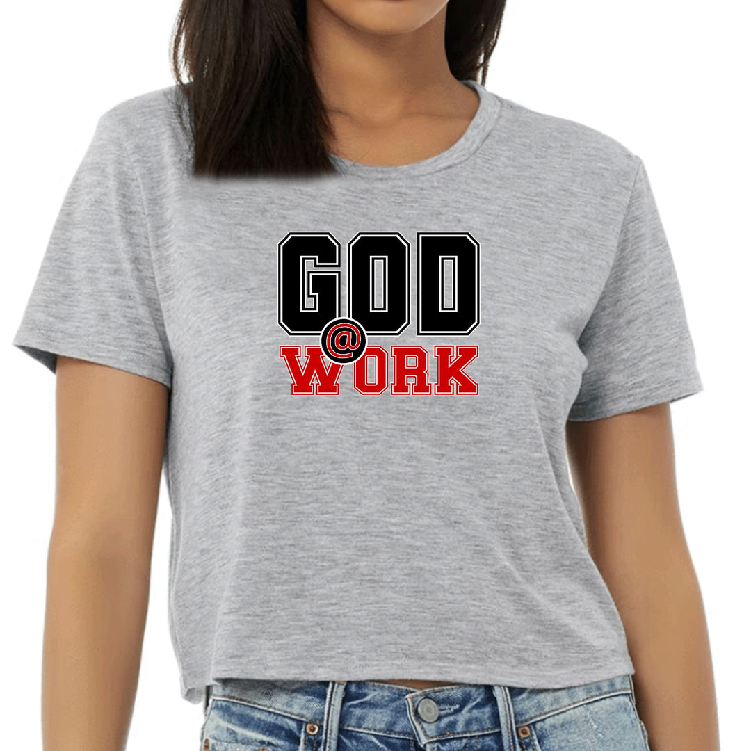 Womens Cropped Graphic T-shirt God @ Work Black and Red Print - Womens