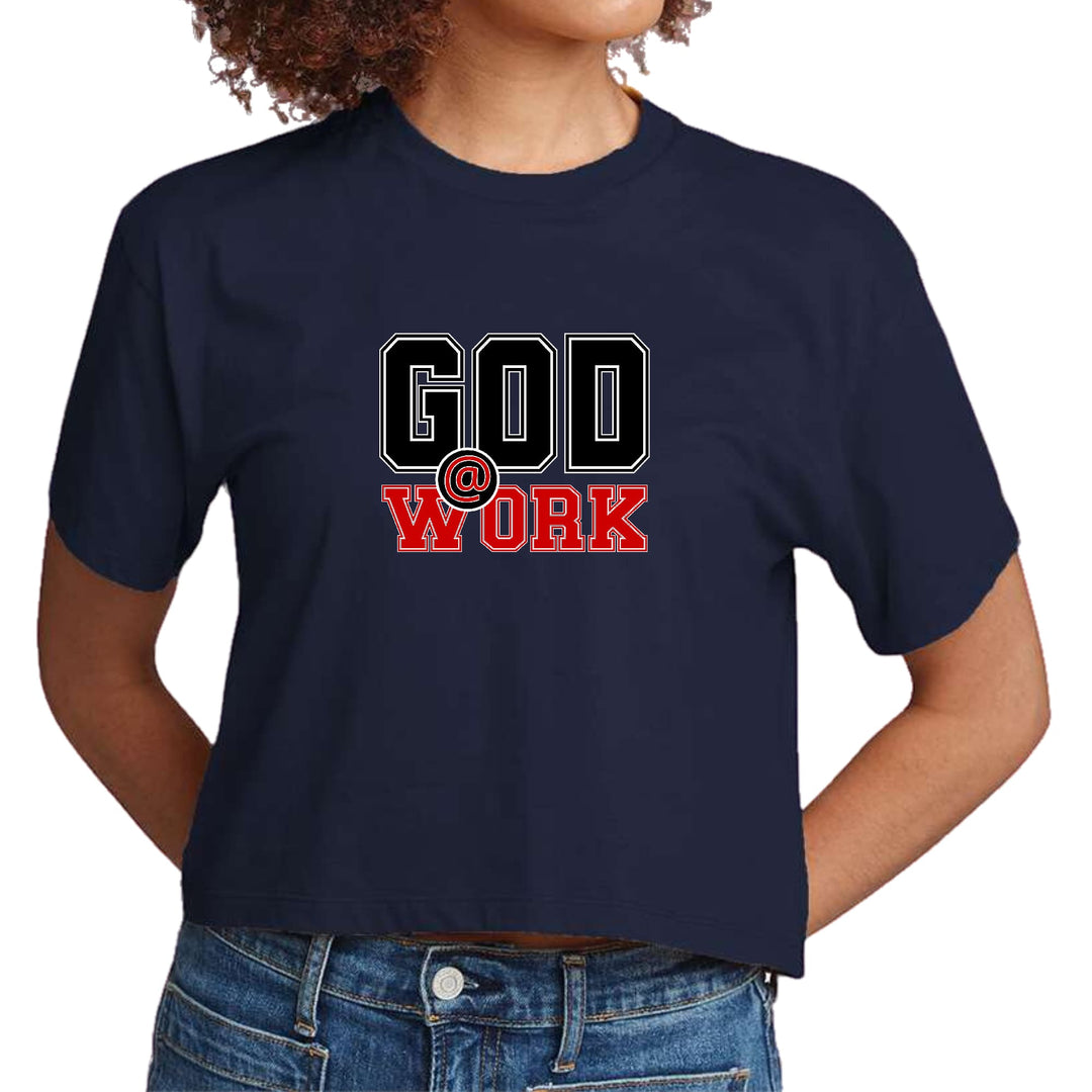 Womens Cropped Graphic T-shirt God @ Work Black and Red Print - Womens