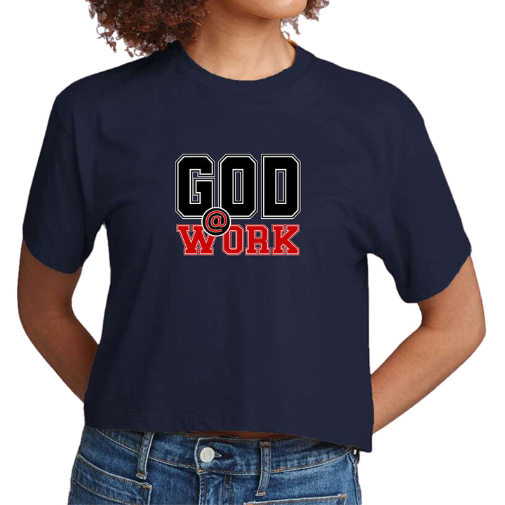 Womens Cropped Graphic T-shirt God @ Work Black and Red Print - Womens