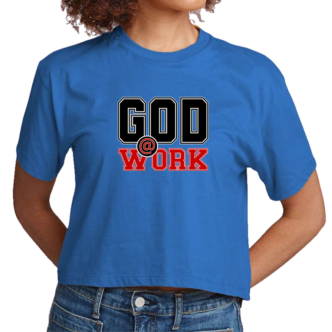 Womens Cropped Graphic T-shirt God @ Work Black and Red Print - Womens