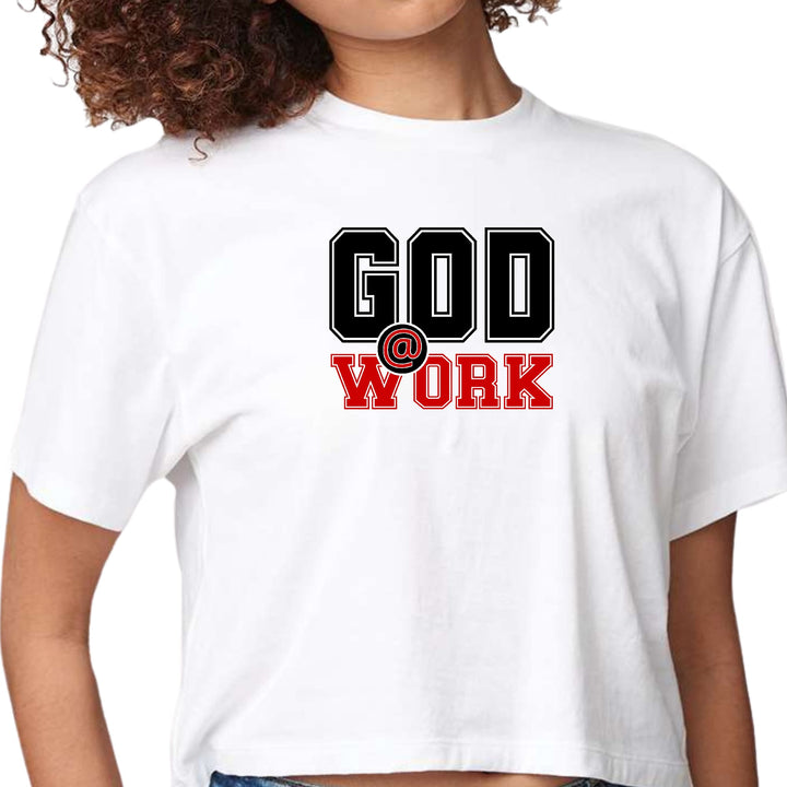 Womens Cropped Graphic T-shirt God @ Work Black and Red Print - Womens