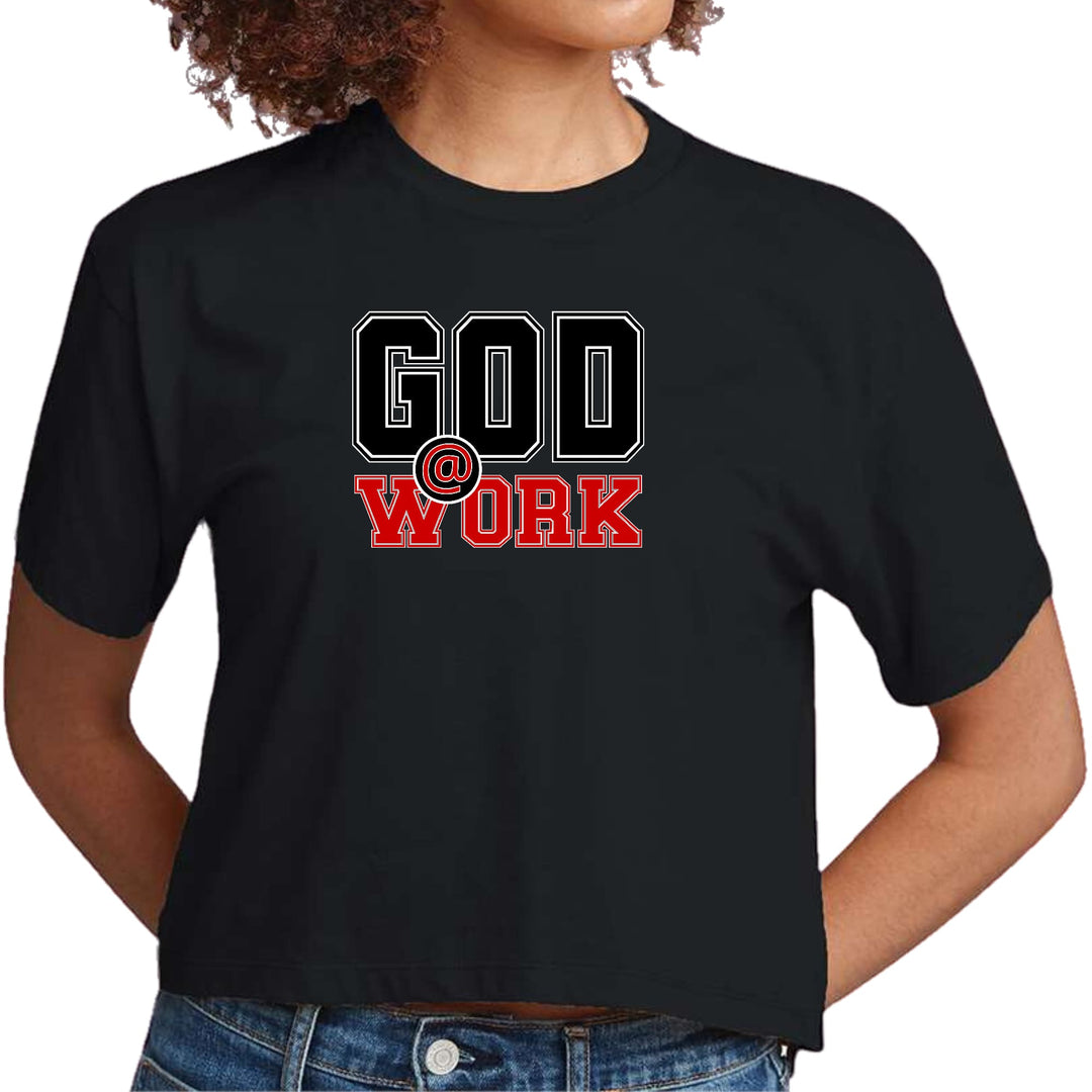 Womens Cropped Graphic T-shirt God @ Work Black and Red Print - Womens