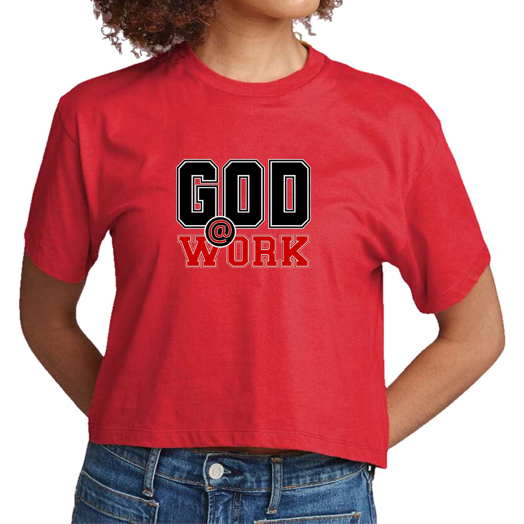 Womens Cropped Graphic T-shirt God @ Work Black and Red Print - Womens