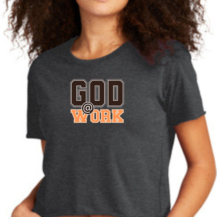 Womens Cropped Graphic T-shirt God @ Work Brown and Orange Print - Womens