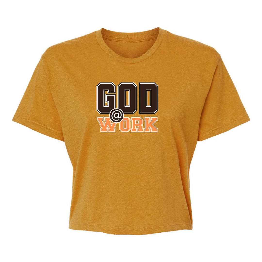 Womens Cropped Graphic T-shirt God @ Work Brown and Orange Print - Womens