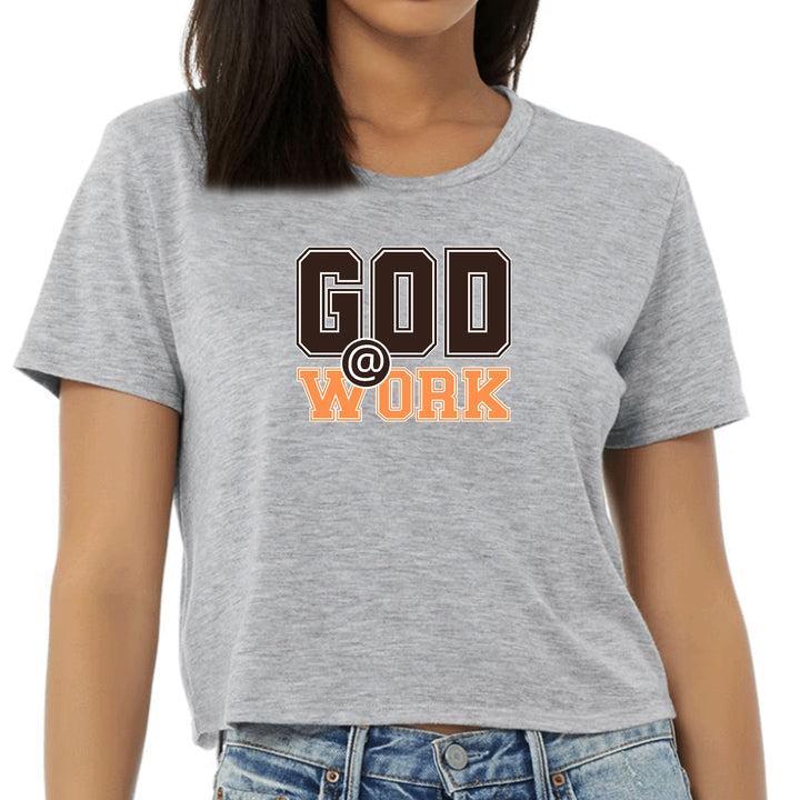 Womens Cropped Graphic T-shirt God @ Work Brown and Orange Print - Womens