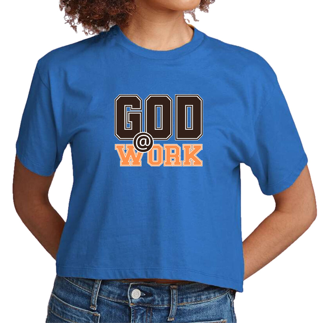 Womens Cropped Graphic T-shirt God @ Work Brown and Orange Print - Womens