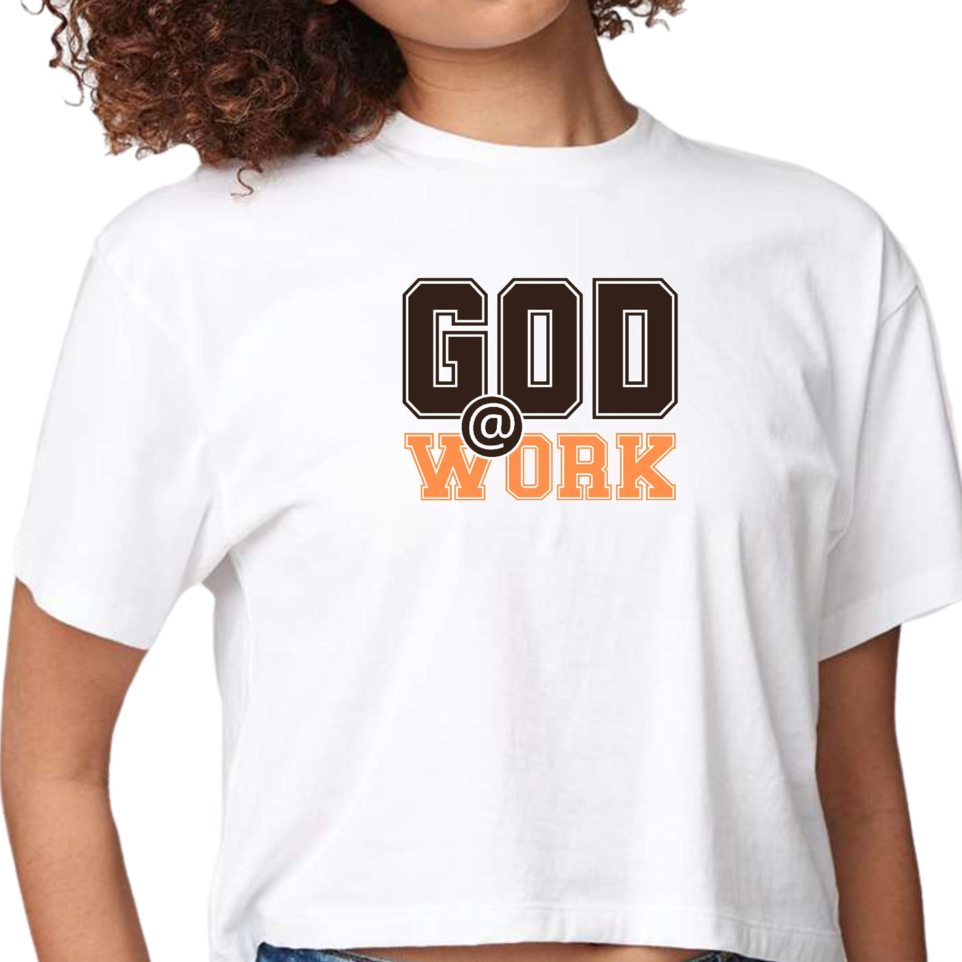 Womens Cropped Graphic T-shirt God @ Work Brown And Orange Print - Womens