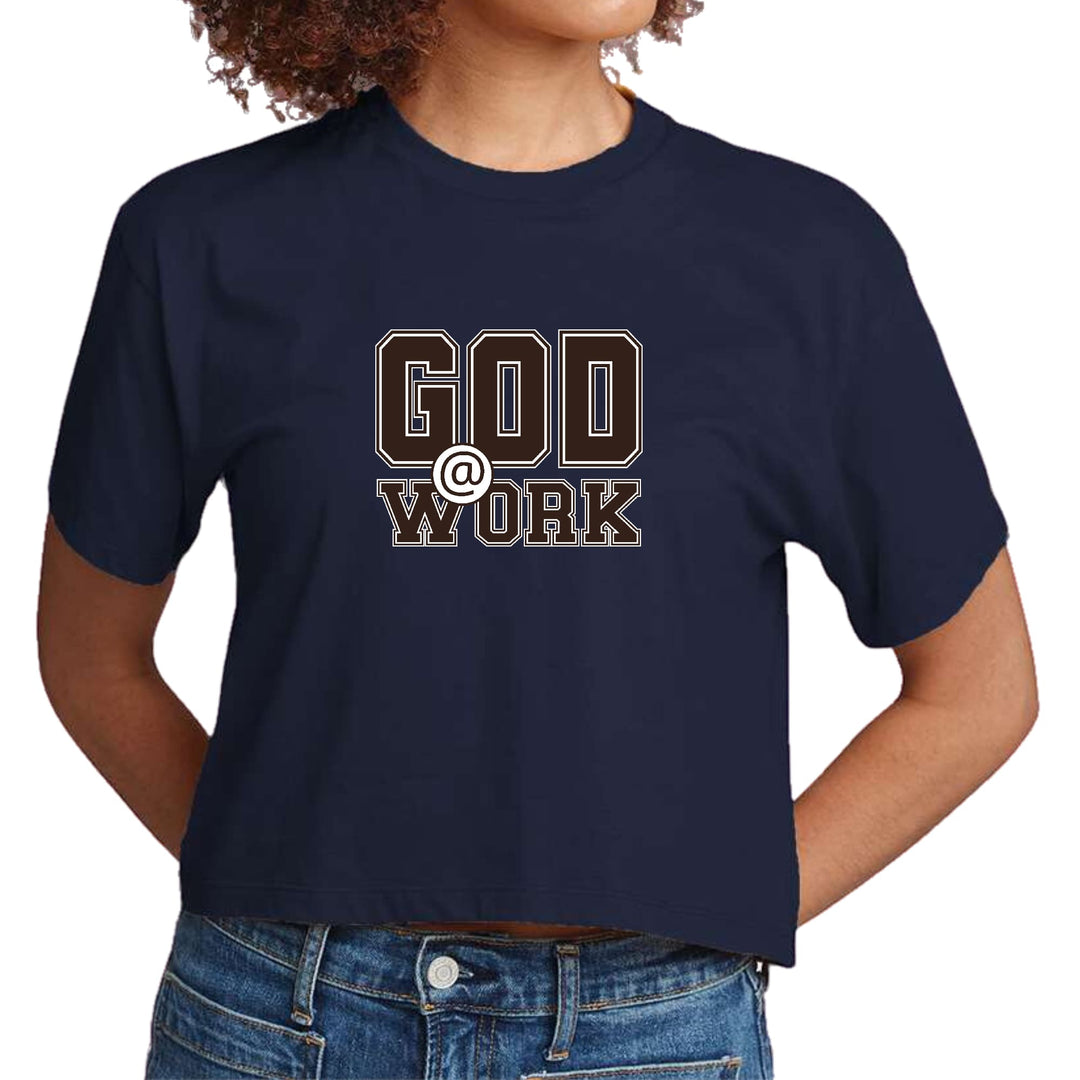 Womens Cropped Graphic T-shirt God @ Work Brown and White Print - Womens