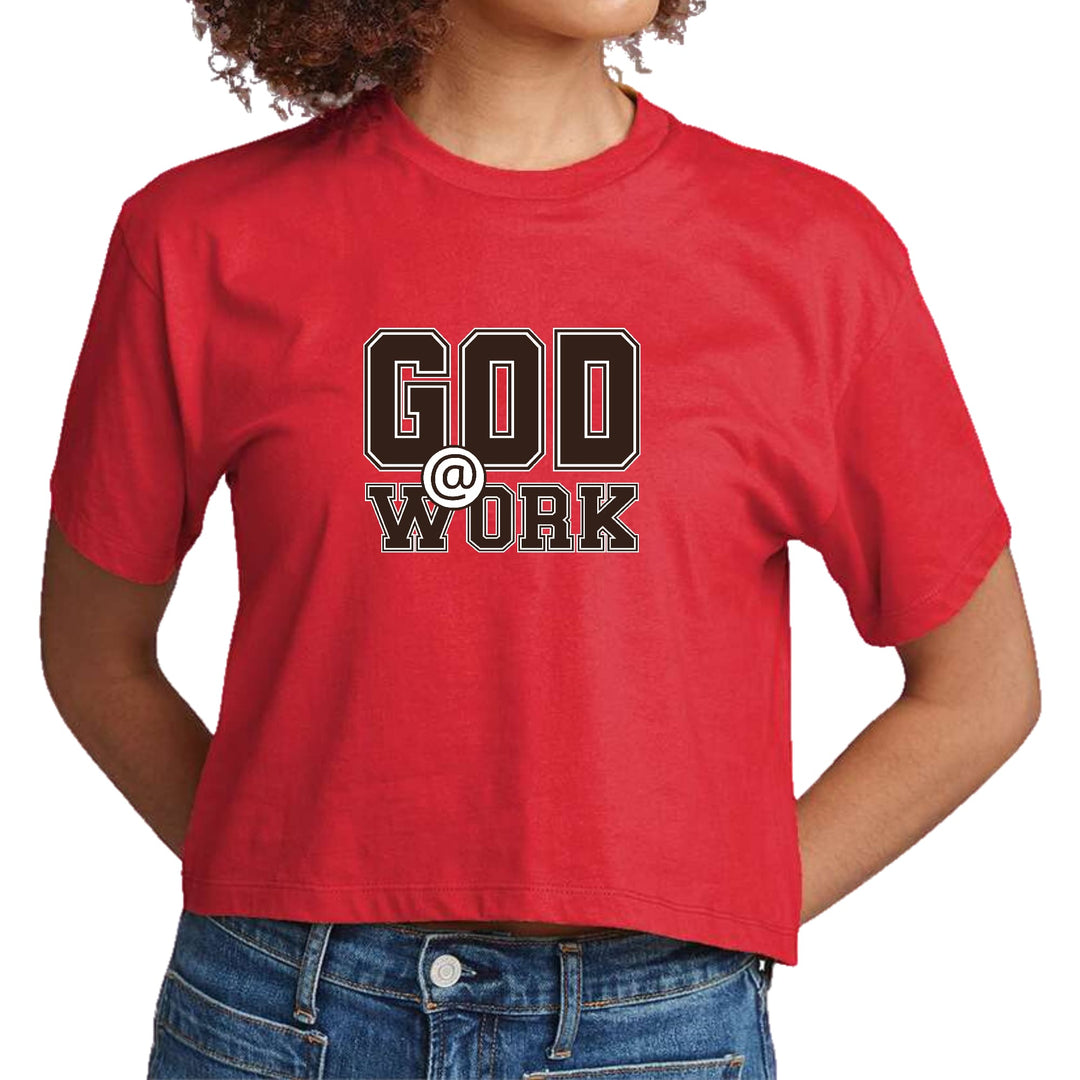 Womens Cropped Graphic T-shirt God @ Work Brown and White Print - Womens