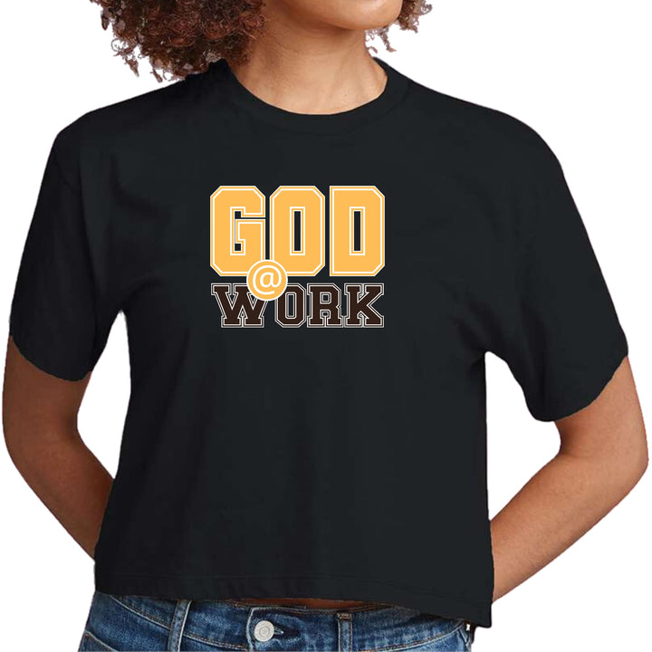 Womens Cropped Graphic T-shirt God @ Work Golden Yellow and Brown - Womens