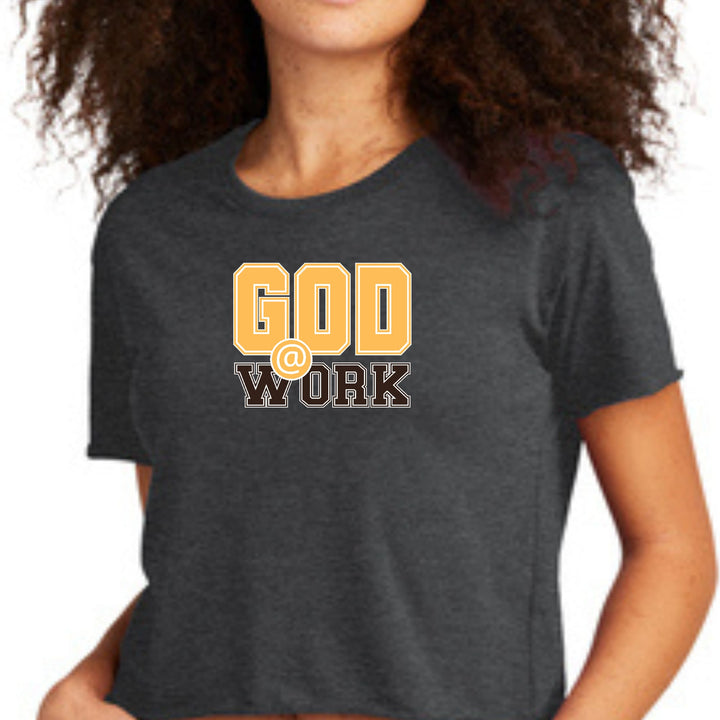 Womens Cropped Graphic T-shirt God @ Work Golden Yellow and Brown - Womens