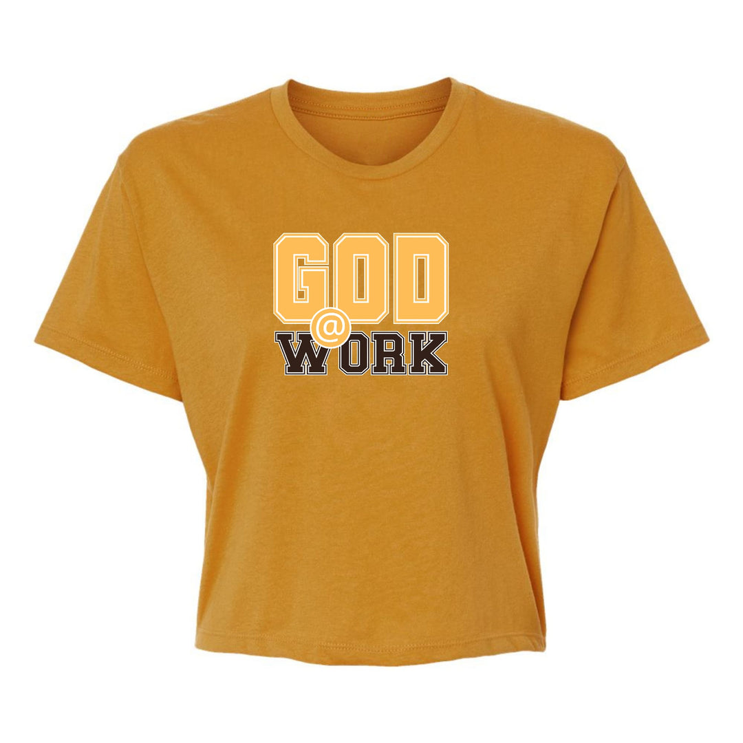 Womens Cropped Graphic T-shirt God @ Work Golden Yellow and Brown - Womens