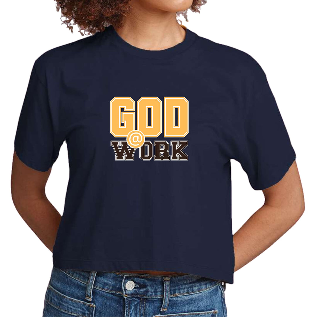 Womens Cropped Graphic T-shirt God @ Work Golden Yellow and Brown - Womens