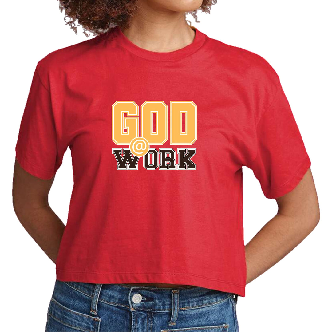 Womens Cropped Graphic T-shirt God @ Work Golden Yellow and Brown - Womens