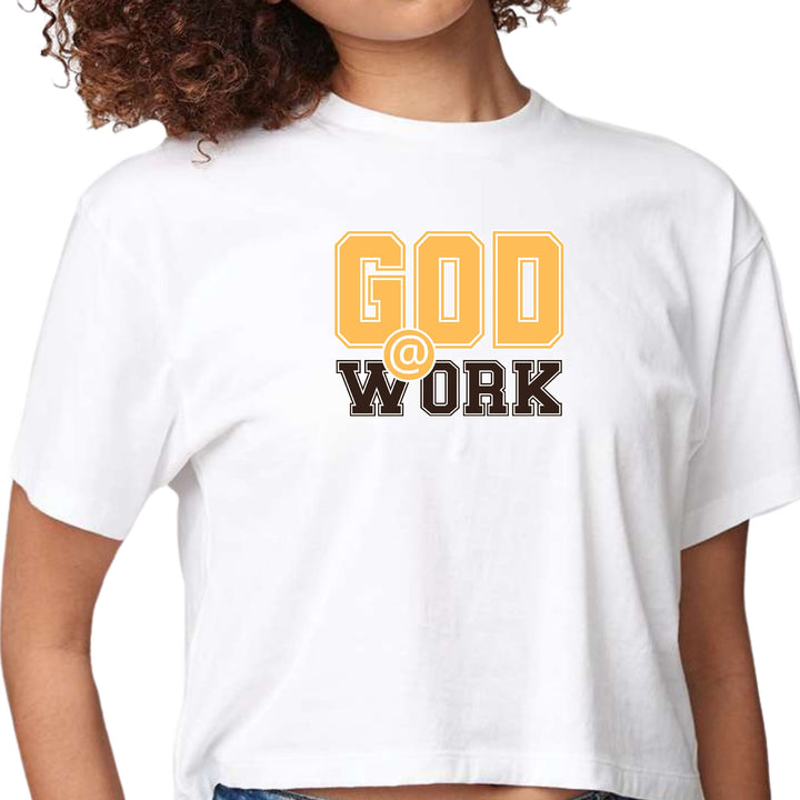 Womens Cropped Graphic T-shirt God @ Work Golden Yellow and Brown - Womens