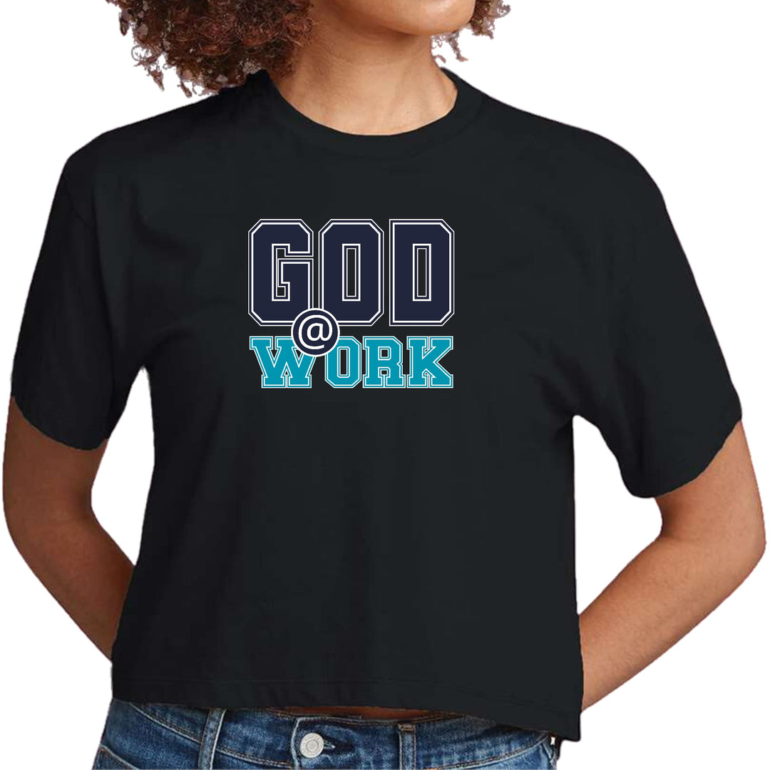 Womens Cropped Graphic T-shirt - God @ Work Navy Blue and Blue Green - Womens