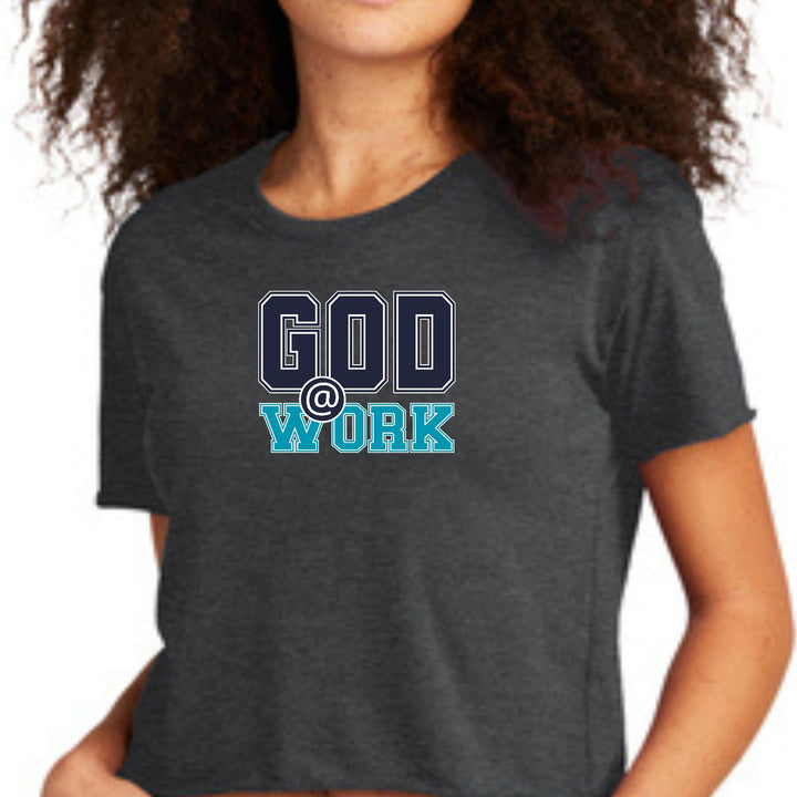 Womens Cropped Graphic T-shirt - God @ Work Navy Blue and Blue Green - Womens