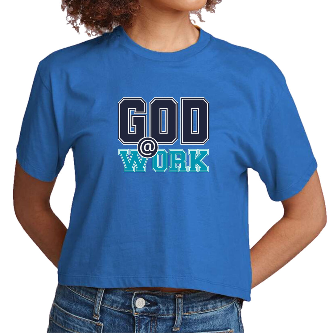 Womens Cropped Graphic T-shirt - God @ Work Navy Blue and Blue Green - Womens