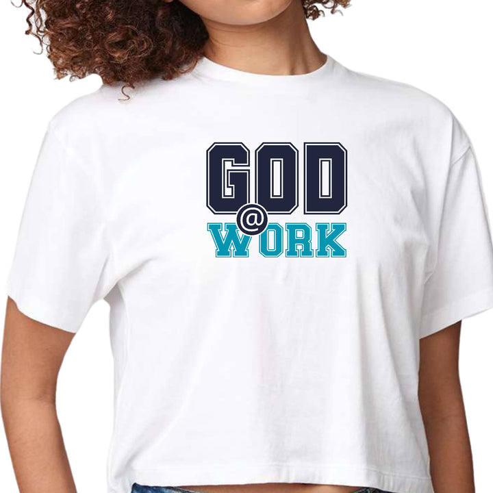 Womens Cropped Graphic T-shirt - God @ Work Navy Blue and Blue Green - Womens