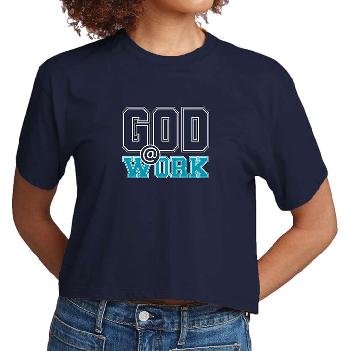 Womens Cropped Graphic T-shirt - God @ Work Navy Blue and Blue Green - Womens