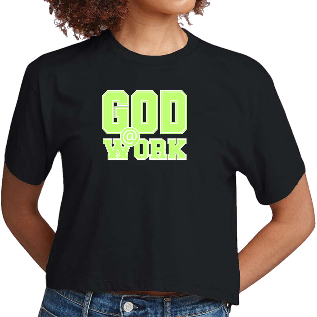 Womens Cropped Graphic T-shirt - God @ Work Neon Green and White Print