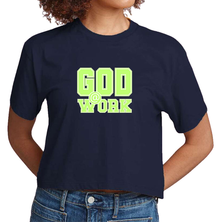 Womens Cropped Graphic T-shirt - God @ Work Neon Green and White Print