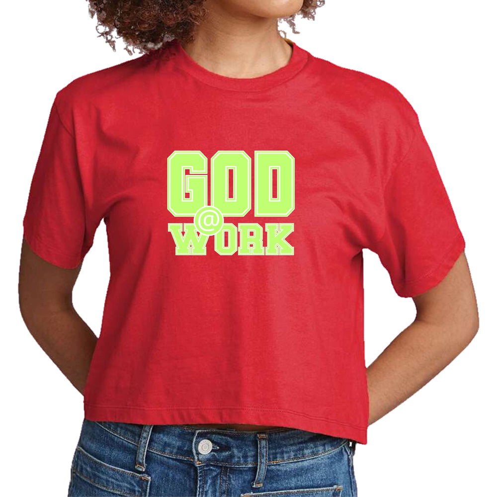 Womens Cropped Graphic T-shirt God @ Work Neon Green and White Print - Womens