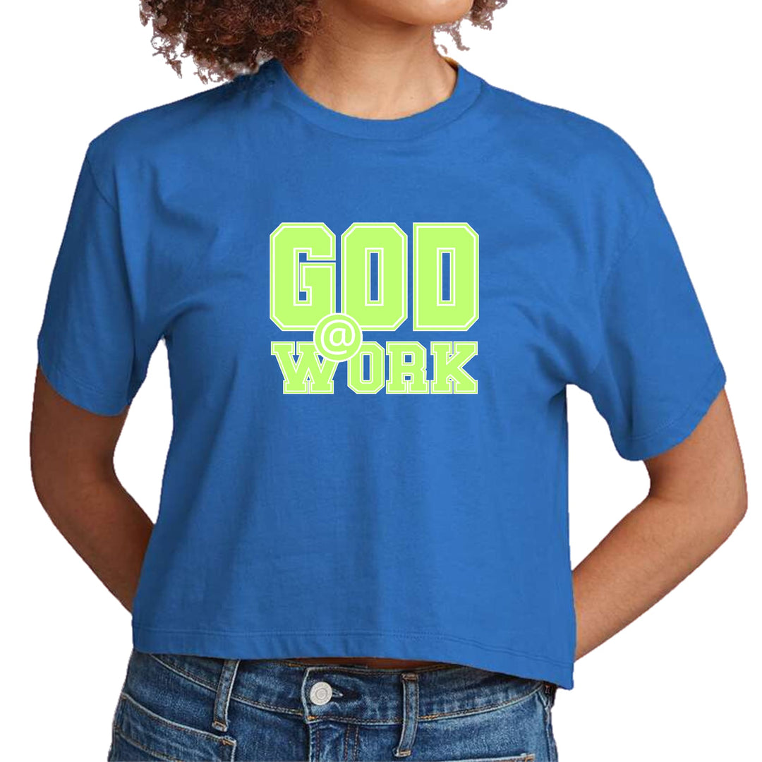 Womens Cropped Graphic T-shirt - God @ Work Neon Green and White Print