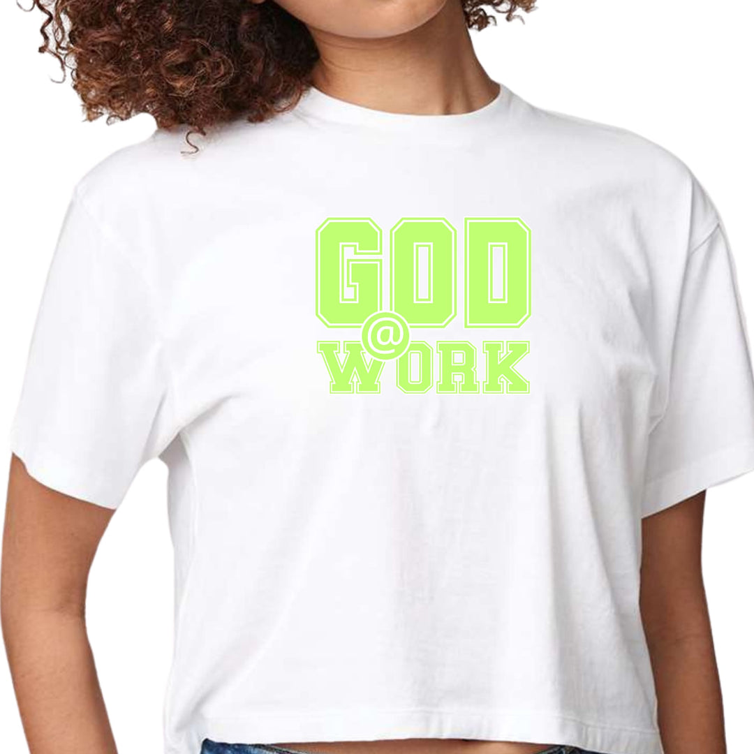 Womens Cropped Graphic T-shirt God @ Work Neon Green and White Print - Womens