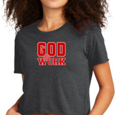 Womens Cropped Graphic T-shirt God @ Work Red And White Print - Womens