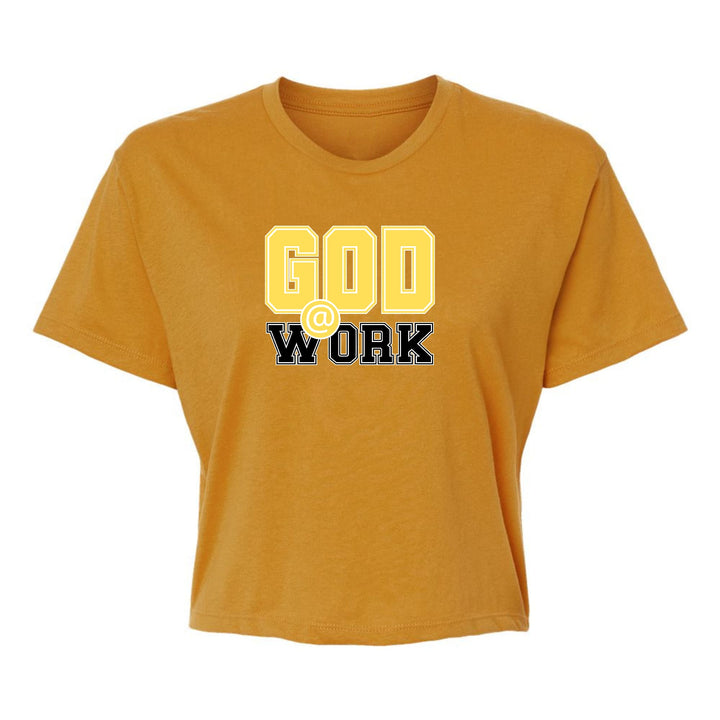 Womens Cropped Graphic T-shirt God @ Work Yellow and Black Print - Womens