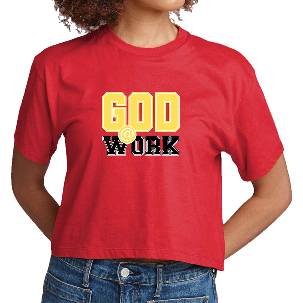 Womens Cropped Graphic T-shirt God @ Work Yellow and Black Print - Womens