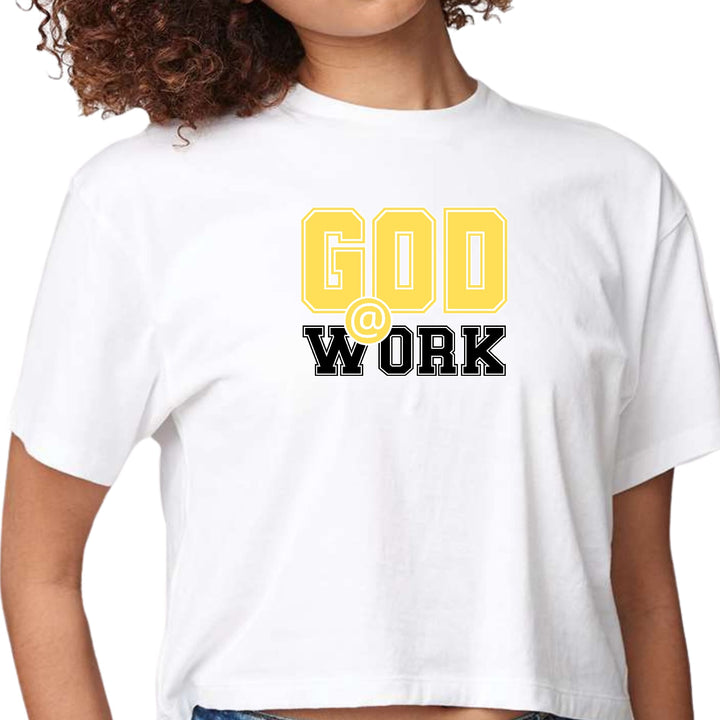 Womens Cropped Graphic T-shirt God @ Work Yellow and Black Print - Womens