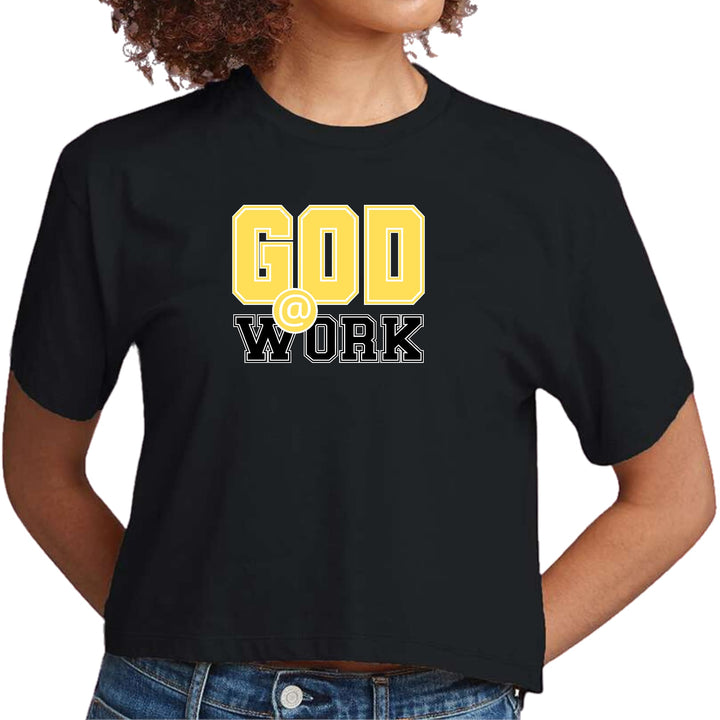 Womens Cropped Graphic T-shirt God @ Work Yellow and Black Print - Womens