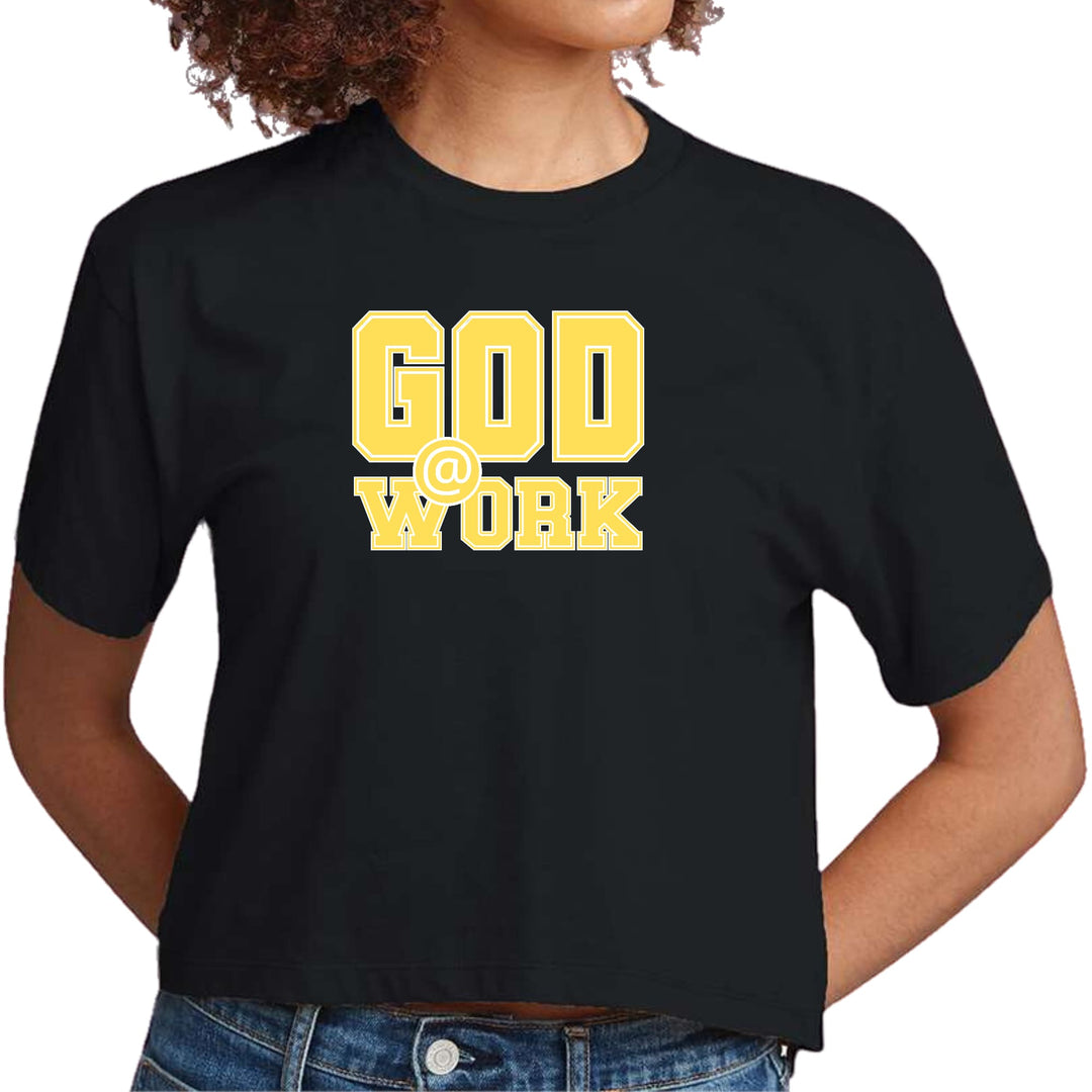 Womens Cropped Graphic T-shirt God @ Work Yellow and White Print - Womens