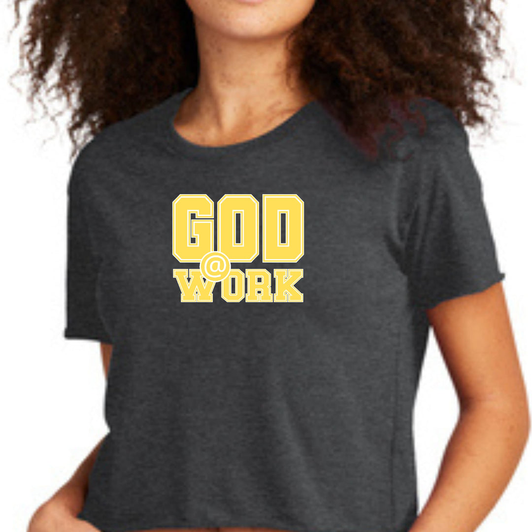 Womens Cropped Graphic T-shirt God @ Work Yellow and White Print - Womens