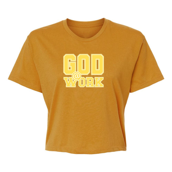 Womens Cropped Graphic T-shirt God @ Work Yellow and White Print - Womens