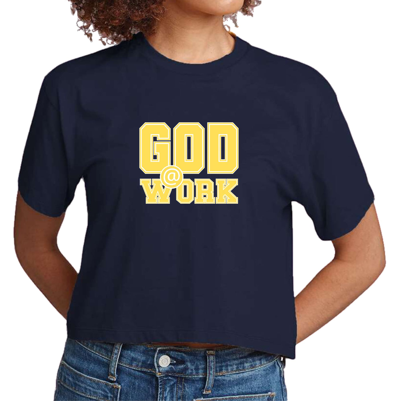 Womens Cropped Graphic T-shirt God @ Work Yellow And White Print - Womens