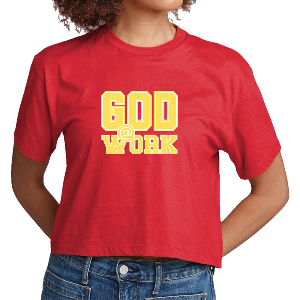 Womens Cropped Graphic T-shirt God @ Work Yellow and White Print - Womens