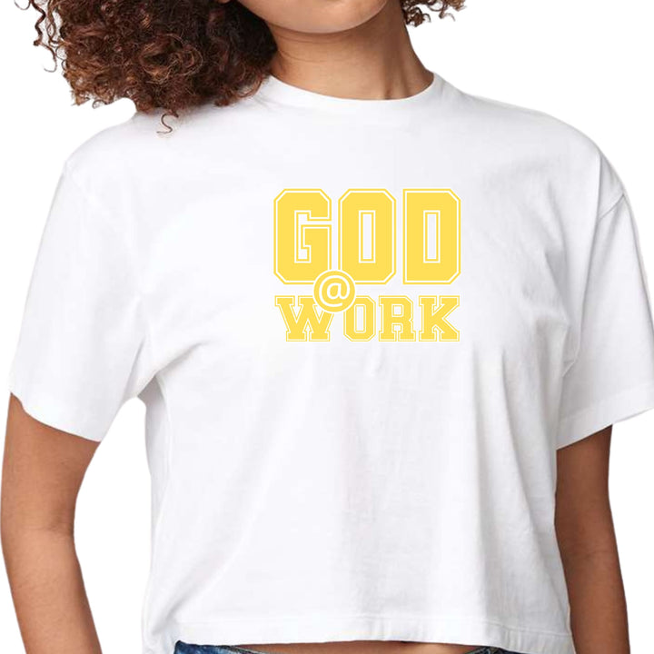 Womens Cropped Graphic T-shirt God @ Work Yellow and White Print - Womens