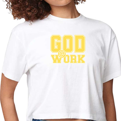 Womens Cropped Graphic T-shirt God @ Work Yellow And White Print - Womens