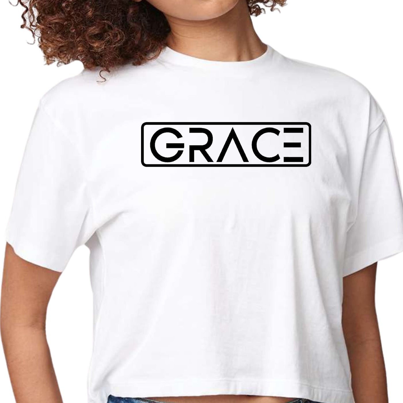 Womens Cropped Graphic T - shirt Grace Christian Black Illustration - T - Shirts