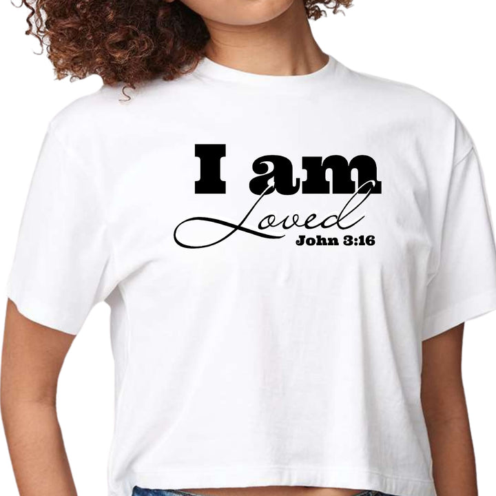 Womens Cropped Graphic T-shirt i am Loved - John 3:16 Black - Womens | T-Shirts