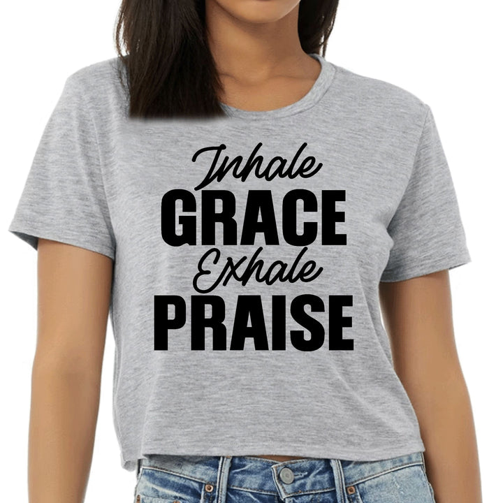 Womens Cropped Graphic T-shirt Inhale Grace Exhale Praise Black - Womens