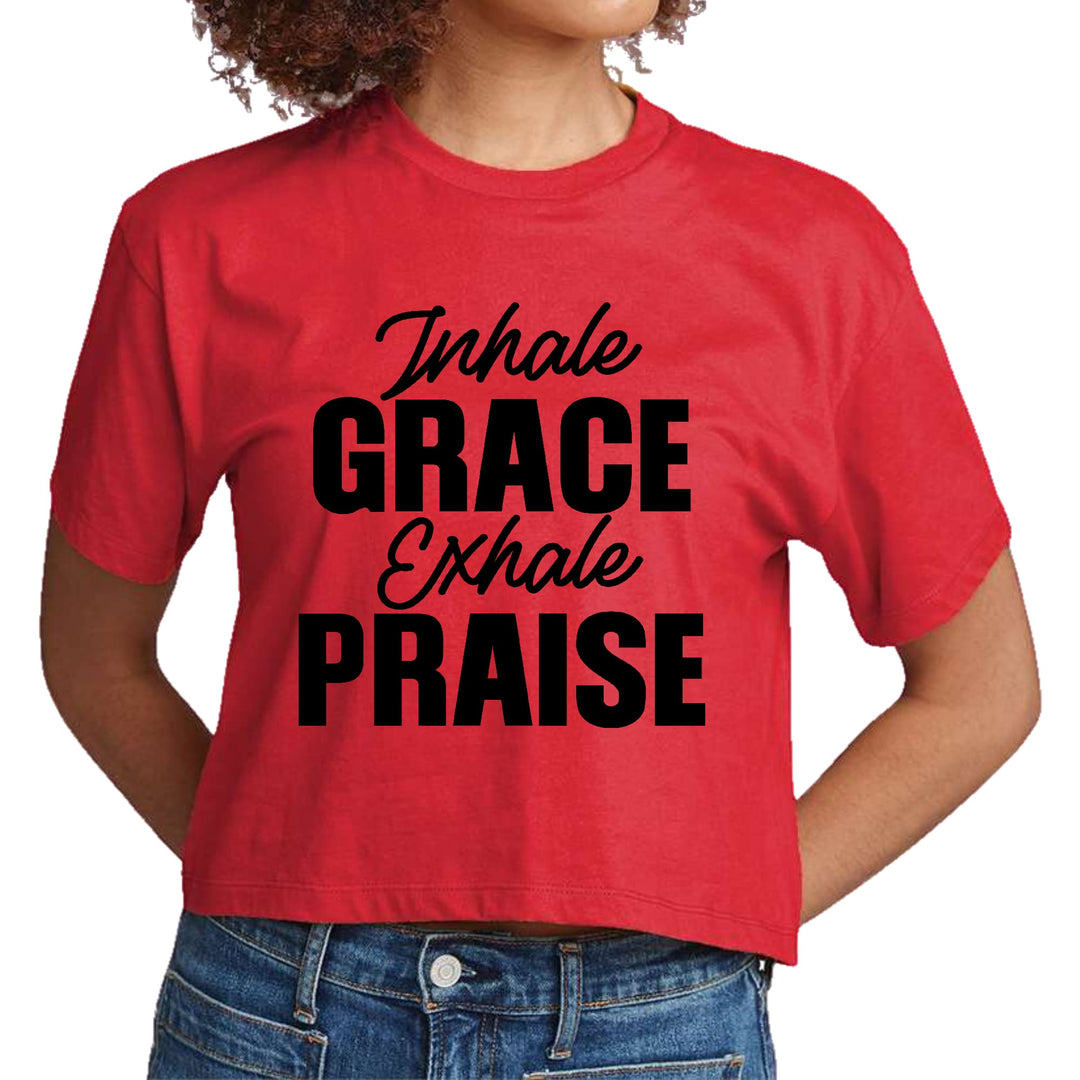 Womens Cropped Graphic T-shirt Inhale Grace Exhale Praise Black - Womens