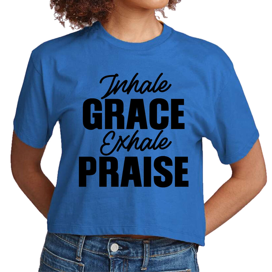 Womens Cropped Graphic T-shirt Inhale Grace Exhale Praise Black - Womens